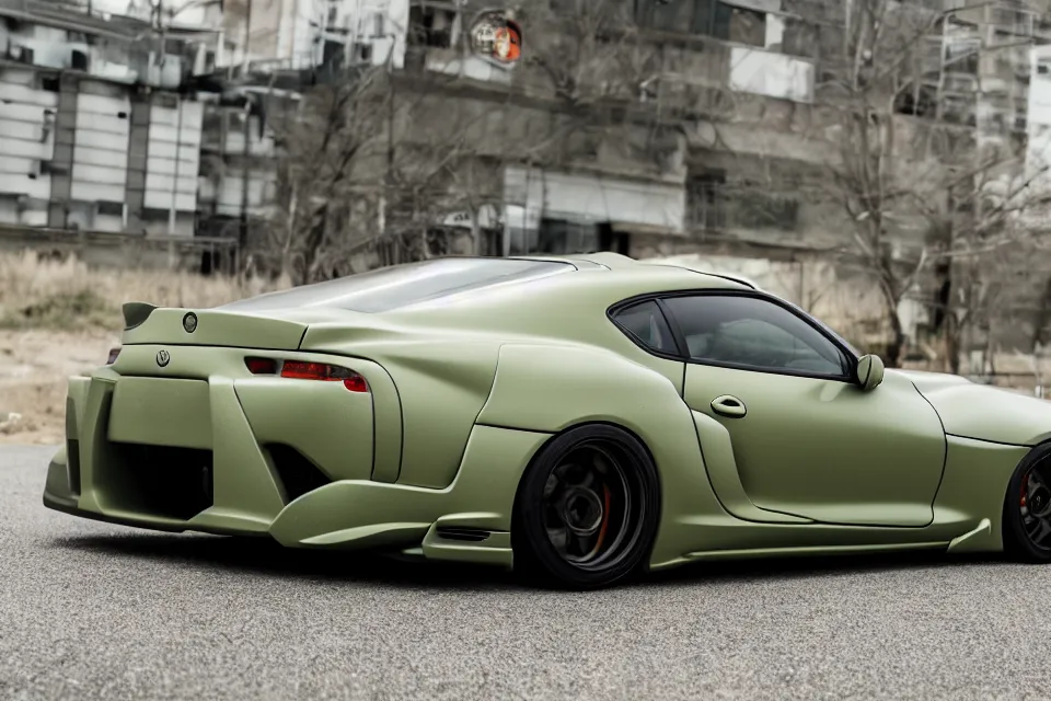 Image similar to Matte olive green Toyota Supra mk4 with widebody kit on highway, hyper realistic, car photography, 8k,