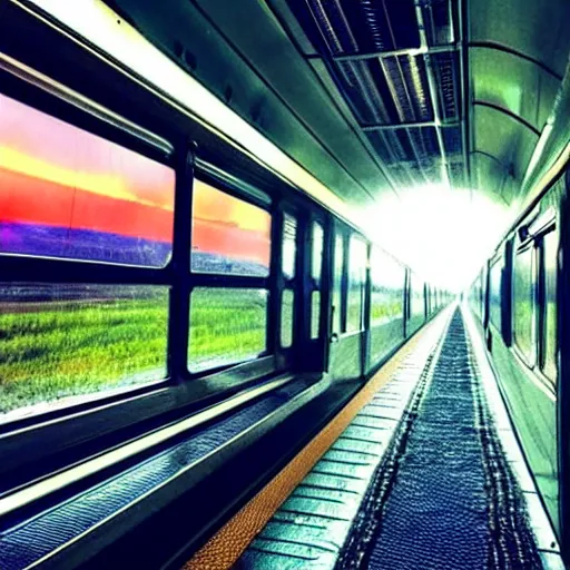 Image similar to a inside of a train hallway the train hallway is empty and train is moving the window view is a sunset view of a beautiful landscape