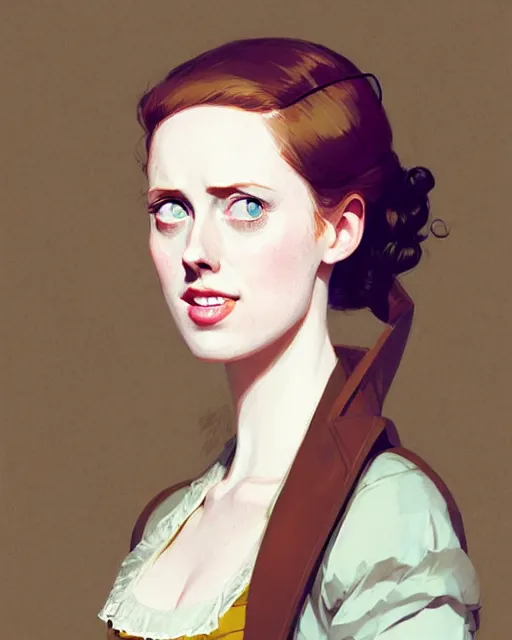 Image similar to hyper - realistic portrait of deborah ann woll as a jane austen character by atey ghailan, by greg rutkowski, by greg tocchini, by james gilleard, by joe fenton, by kaethe butcher, dynamic lighting, gradient light yellow, brown, blonde cream and white color scheme, grunge aesthetic