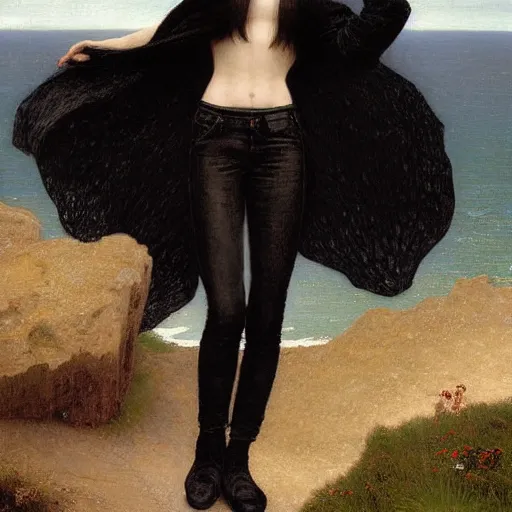 Image similar to 1 7 - year - old pale - skinned persian girl with black long bob cut, long bangs, black gothic jacket, black jeans, psychic girl, standing on cliff along the irish coast, overcast gray skies, ultra - realistic, sharp details, cold lighting, blue and gray colors, intricate details, art by william - adolphe bouguereau