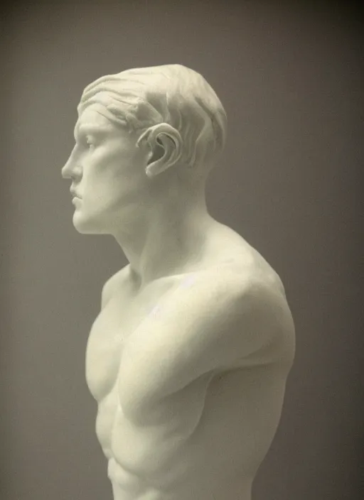 Image similar to an an android with an adult male human looking face is the thinker by auguste rodin, polaroid fashion photography, flash photography, photo taken in a back storage room where you can see empty shelves in the background, 3 / 4 view portrait head chest and arms portrait of