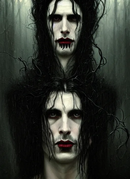 Image similar to highly detailed oil painting | very intricate | cinematic lighting | black, white and blood color scheme, dark background | portrait of a exquisite beautiful vampire man with long elegant tangles of black hair, eyes, gothic fog ambience, hyper realistic head, fantasy victorian art, in the style of greg rutkowski, zdizslaw beksinski, intricate, alphonse mucha