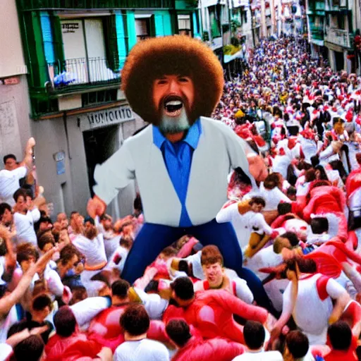 Prompt: giant screaming bob ross running from the bulls in pamplona spain