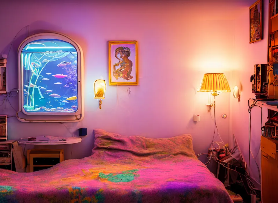 Image similar to telephoto 7 0 mm f / 2. 8 iso 2 0 0 photograph depicting the feeling of chrysalism in a cosy cluttered french sci - fi ( art nouveau ) cyberpunk apartment in a pastel dreamstate art cinema style. ( aquarium bed, computer screens, window ( city ), leds, lamp, ( ( ( bed ) ) ) ), ambient light.