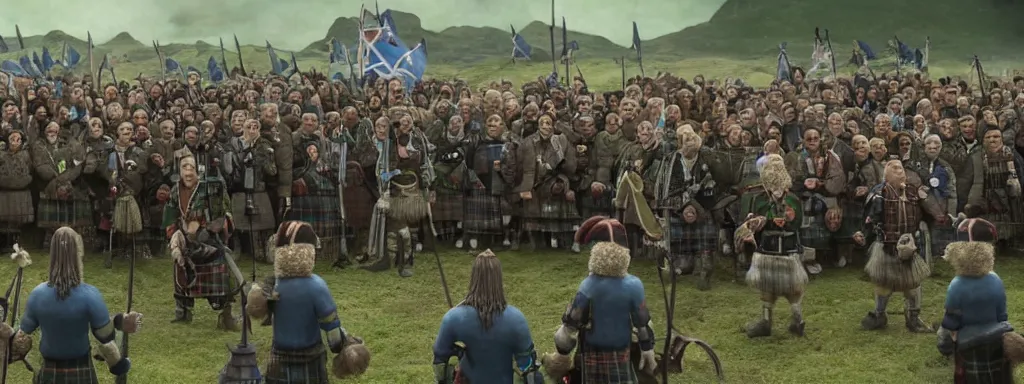 Image similar to William wallace giving speech in front of an army of Scottish highlanders, claymation, wallace and grommit, realistic volumetric lighting