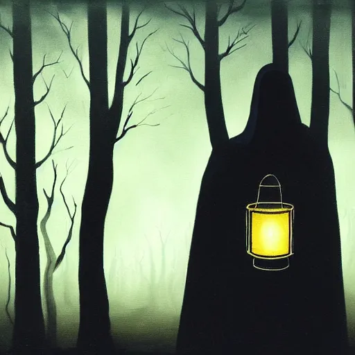 Prompt: dark eerie painting of a cloaked figure holding a lantern in the forest