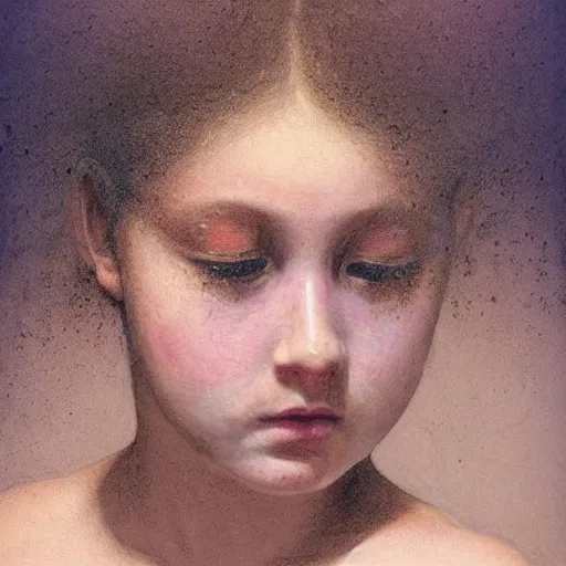 Image similar to close up of a beautiful girl morphing into a pattern of flowers, dirt watercolor by gottfried helnwein, by hammershøi, art noveau, highly detailed, lights by edward hopper, liminal, eerie, pastel colors, limited palette