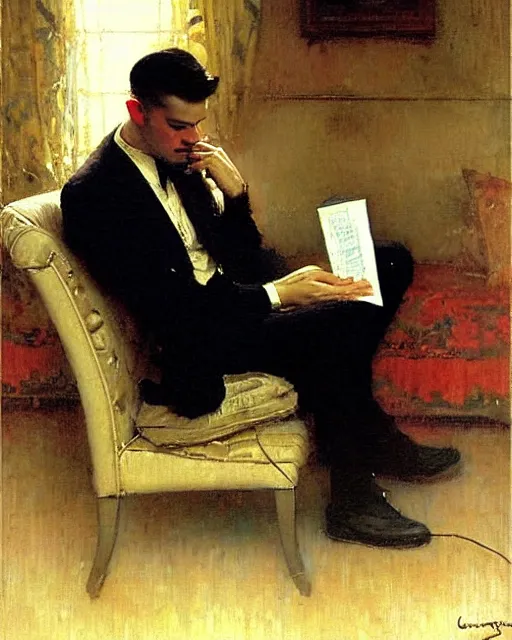 Image similar to attractive man reading the weather report live on tv 1 9 4 8 melancholy, nostalgia, painting by gaston bussiere, craig mullins, j. c. leyendecker