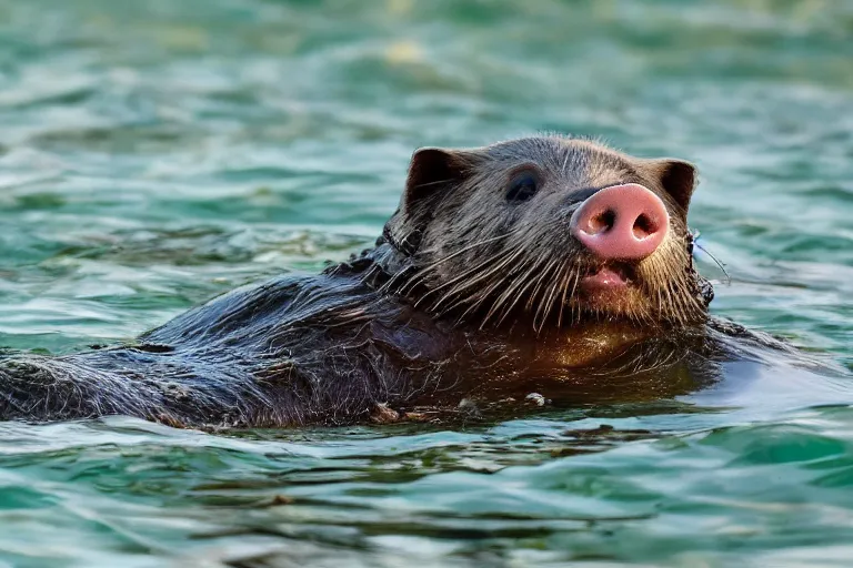 Image similar to a pig sea otter!!! hybrid! hyper realistic!! realistic lighting!! wildlife photographer of the year!!! bold natural colors, national geographic, hd, wide angle, 8 k