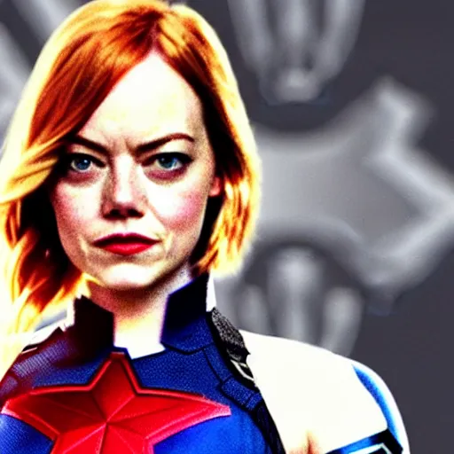 Image similar to Emma Stone as captain America with avengers