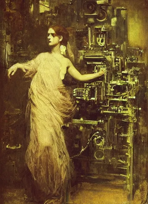 Prompt: portrait of beautiful connected to machine, complex, award - winning, by benjamin - constant, jean - joseph