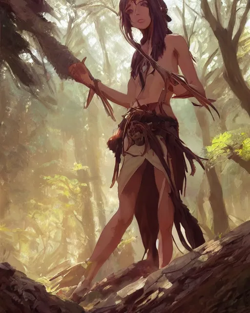 Image similar to a caucasian tribeswoman standing in the woods. By Makoto Shinkai, Stanley Artgerm Lau, WLOP, Rossdraws, James Jean, Andrei Riabovitchev, Marc Simonetti, krenz cushart, Sakimichan, D&D trending on ArtStation, digital art.