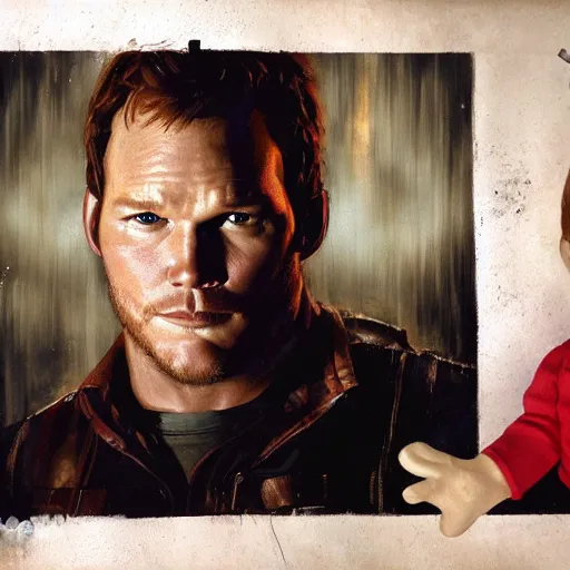 Image similar to chris pratt and the doll chucky, oil painting, by greg rutkowski