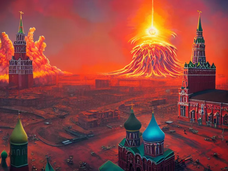 Prompt: Nuclear explosion at Red Square Kremlin, Oil Painting, Trending on Artstation, octane render, Insanely Detailed, 8k, HD, design by Mark Ryden and Pixar and Hayao Miyazaki, unreal 5, DAZ, hyperrealistic, octane render, dynamic lighting, intricate detail, summer vibrancy, cinematic