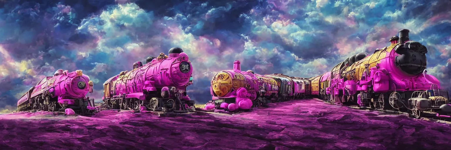 Prompt: space, pink pirate train, dog, run, pirate neon ship with punks on board, mohawks, neon, oil painting, rich deep colors masterpiece, ultra detailed, contrast, heaven pink, lots of roman arches, clouds, sky, volumetric light, atmospheric lighting, dramatic, cinematic, moody, octane render 4 k, 8 k