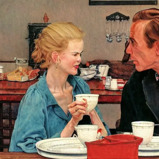 Image similar to Nicole Kidman and Judi Bowker sitting at a table eating soup::artist is Norman Rockwell