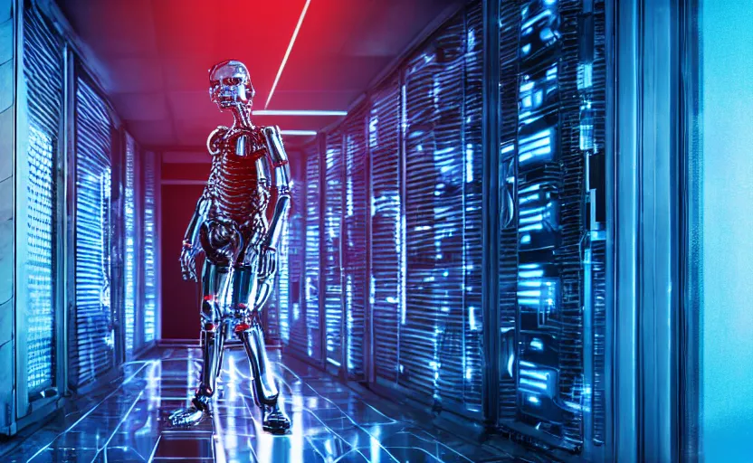 Image similar to terminator without flesh, staying in front of server room. extreme long shot, high detail, low saturated red and blue light, cinematic colors