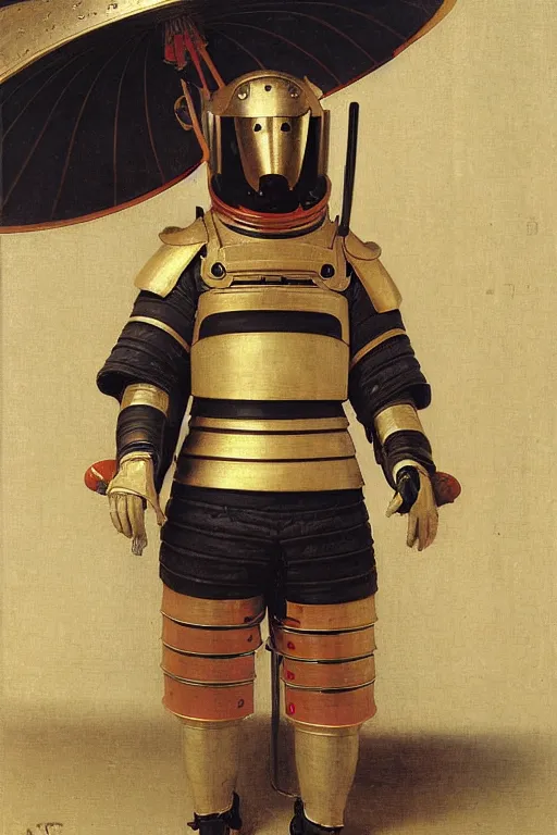 Image similar to portrait of a astronaut in japanese samurai armor and helmet, by bouguereau