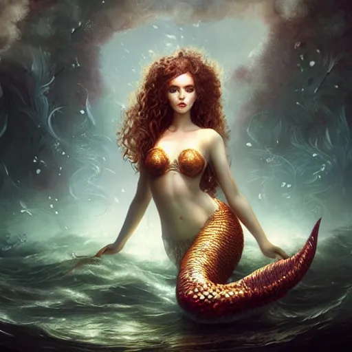 Image similar to beautiful mermaid with curly hair, magical details, magical atmosphere, cinematic lighting, hyper - detailed, cgsociety, 3 - d 8 k, high resolution, in the style of charlie bowater, tom bagshaw, alexis franklin, elena masci, pawel rebisz