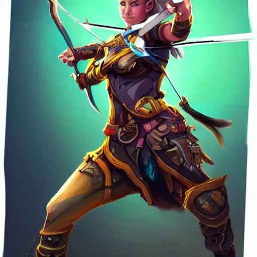 Image similar to beautiful female archer, yellow lighting, emma waston face, in hearthstone art style, epic fantasy style art, fantasy epic digital art, epic fantasy card game art