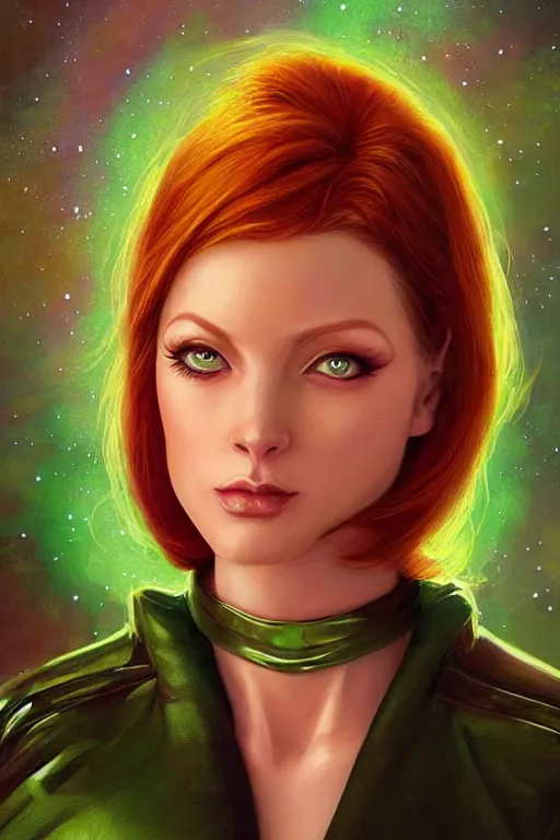 Image similar to Redhead Pleiadian alien human beautiful hybrid feminine woman, with stunning green eyes, round face and a roundish nose, as a retro futuristic heroine, gorgeous digital painting, artstation, concept art, smooth, sharp focus, illustration, art by artgerm and donato giancola and Joseph Christian Leyendecker, Ross Tran, WLOP