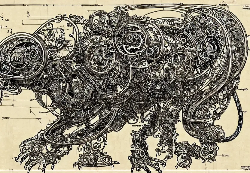 Image similar to schematic blueprint of highly detailed ornate filigreed convoluted ornamented elaborate cybernetic rat, wide margin, art by da vinci