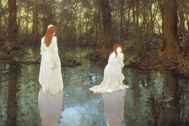 Prompt: a beautiful painting of the back view of a young lady in white dress sitting by the river in a grown forest, looking at her reflection on the water, sunlight reflected on the river, Mucha, Moebius, Mohrbacher