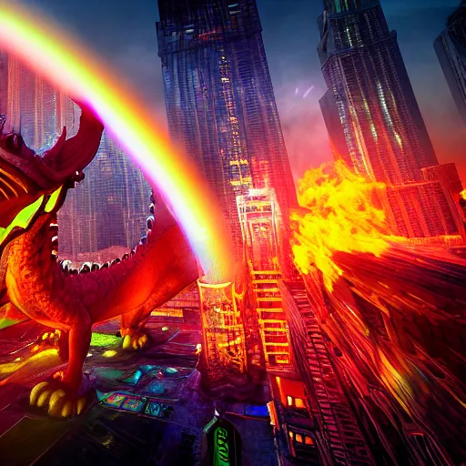 Prompt: dragon breathing rainbow fire on a city, surreal, sharp focus, digital art, epic composition, concept art, dynamic lighting, intricate, highly detailed, 8 k, unreal engine, blender render