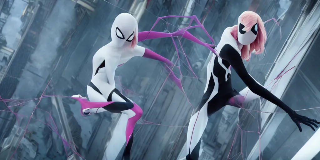 Image similar to spider gwen, real life, spotted, ultra realistic, accurate, 4 k, movie still, uhd, sharp, detailed, cinematic, render, modern