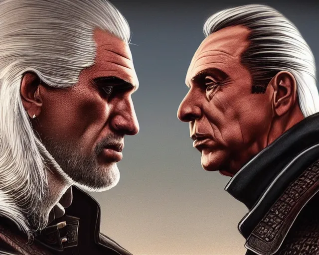 Prompt: 5 5 mm portrait photo of geralt meeting with silvio berlusconi. 8 0 s atmosphere. art by greg rutkowski. highly detailed 8 k. intricate. lifelike. soft light. nikon d 8 5 0.