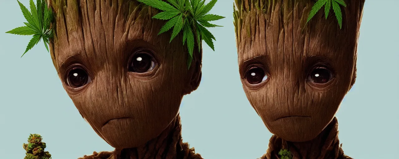 Image similar to duotone concept illustration 3 / 4 portrait of baby groot wearing cannabis hat, hemp, marijuana!, cinematic volumentric lighting, jim cheung, david marquez, mike deodato jr, ilya kuvshinov, makoto shinka, behance hd by jesper ejsing, by rhads, hyper detailed, octane render, concept art, artstation