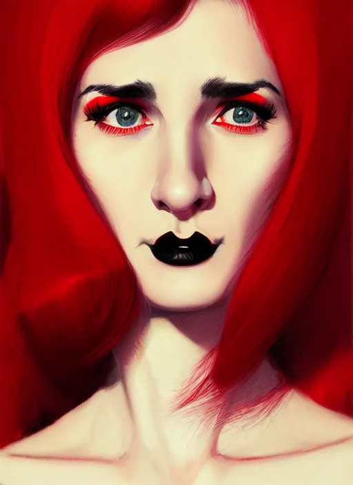 Image similar to portrait of a woman with a crooked nose and a confident expression, 1 9 6 0 s, red clothes, goth, punk, brightly coloured hair, funk, intricate, elegant, highly detailed, digital painting, artstation, concept art, smooth, sharp focus, illustration, art by wlop, mars ravelo and greg rutkowski