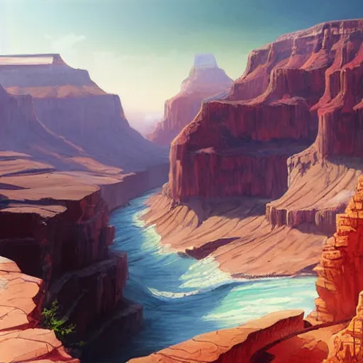 Prompt: concept art painting of a wide grand canyon with ocean inside, giant river, with unfinished bridge under construction, realistic, detailed, cel shaded, in the style of makoto shinkai and greg rutkowski and james gurney