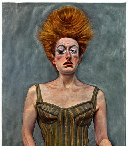 Image similar to a high quality, high detail, portrait of a drag queen by lucian freud, moody, nostalgic