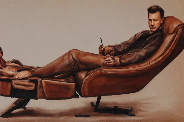 Image similar to a airbrush painting of a caucasian man relaxing on a brown reclined leather chair