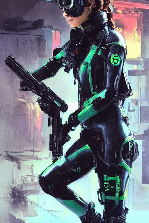 Image similar to Selina. USN blackops operator infiltrating oil rig. Operator wearing Futuristic cyberpunk tactical wetsuit. Frogtrooper. rb6s, MGS, and splinter cell Concept art by James Gurney, greg rutkowski, and Alphonso Mucha. Vivid color scheme.