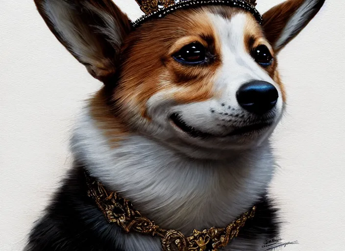 Image similar to highly detailed illustration of a portrait of a regal corgi wearing a crown, artstation, cinematic lighting, hyperdetailed, cgsociety, 8k, high resolution, Charlie Bowater, Tom Bagshaw, Norman Rockwell, insanely detailed and intricate