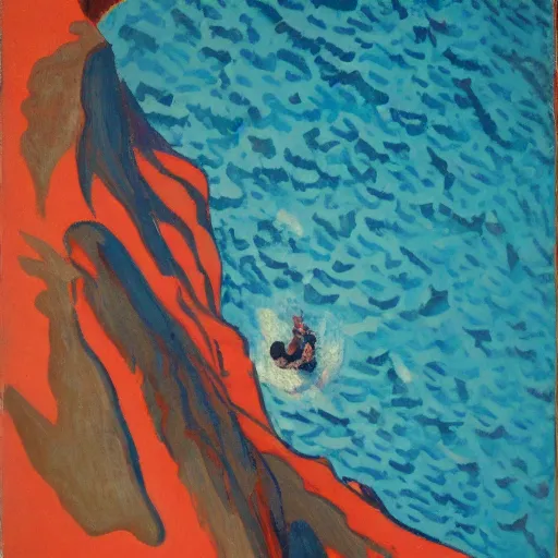 Image similar to a fauvist painting of an aerial view of a man at the bottom of a deep hole on the beach at night