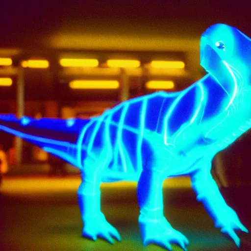 Image similar to electric blue glowing baby dinosaurs in tron movie, cinestill