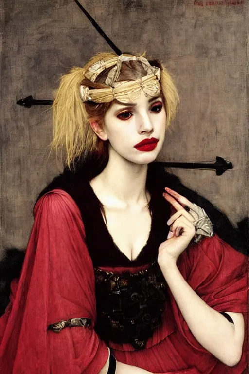 Image similar to emma roberts as a bandit queen, goddes of the vampires, red silk dress, bloodshot eyes by edgar maxence and caravaggio and michael whelan and delacroix