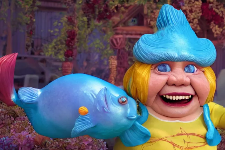 Image similar to of a very beautiful scene. ambient occlusion render. a sweet fat old woman is dancing with a huge colorful fish. hyper realistic. 4 k. wide angle. wild happiness. symmetrical face, red mouth, blue eyes. deep focus, lovely scene. ambient occlusion render. concept art. artstation. unreal engine.