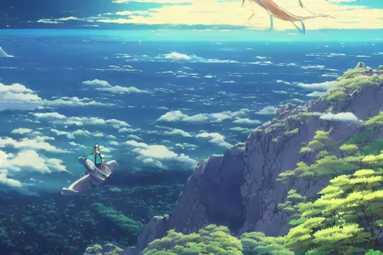 Prompt: painting of a dreamscape, a flying leviathan in the foreground, exterior wide shot, otherworldly and ethereal by kazuo oga in the anime film by studio ghibli, screenshot from the anime film by makoto shinkai