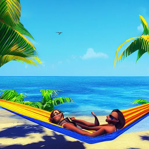 Image similar to laguna. clear blue water. sun shine. colourful birds. paradise. beach. palm trees. a hammock, 8 k, epic scene, scifi, unreal engine, trending on cg station. masterpiece.