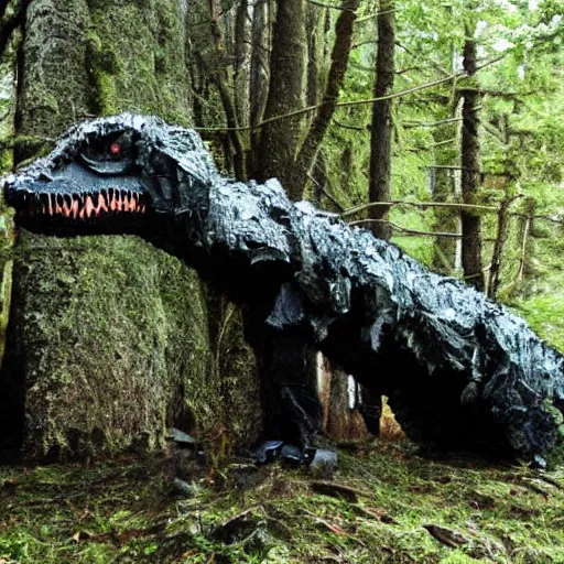 Image similar to mossy recycled tire sculpture of a tyrannosaurus in the forest