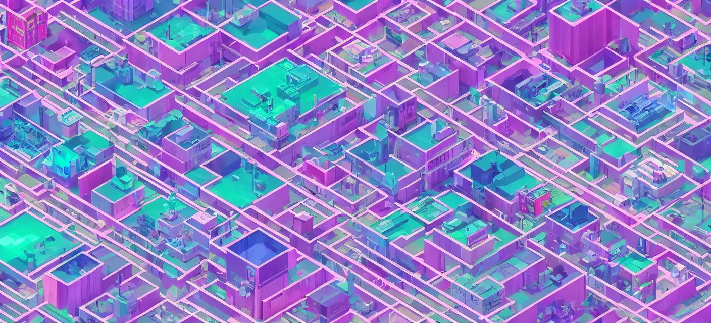 Image similar to vaporwave videogame city wallpaper, isometric, low poly, large,