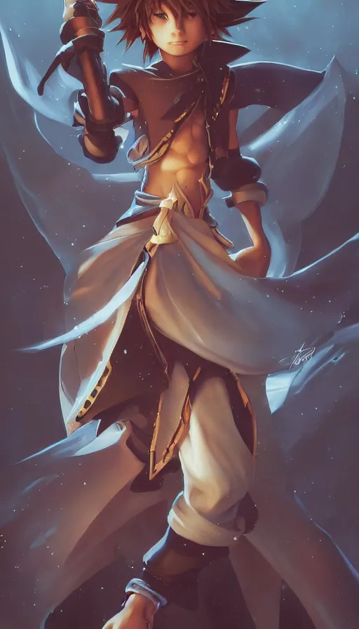 Prompt: sora from kingdom hearts by artgerm, greg rutkowski and alphonse mucha, concept art, matte, intricate, full body, epic composition