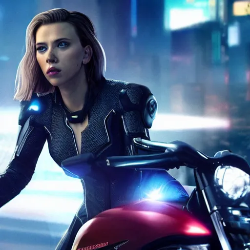 Prompt: scarlett johansson riding a futuristic motorbike in cyberpunk city, realistic, cinematic, hdr