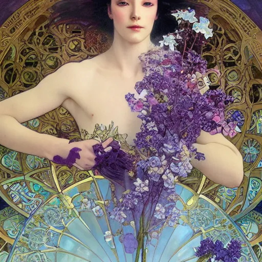 Image similar to perfume surrounded by artistic, blurred blue and lilac flowers, simple path traced, environment, up close shot shinji aramaki, karol bak, alphonse mucha