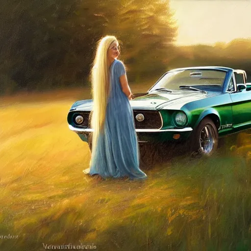 Prompt: blonde woman, green 1967 Ford Mustang, Swedish countryside, freedom, dawn, beautiful blonde woman, atmospheric, painting by Vladimir Volegov