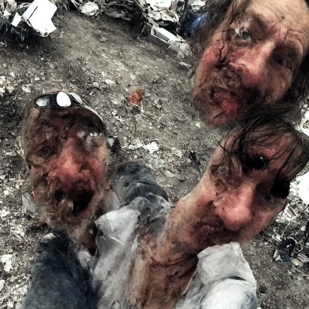 Prompt: selfie taken by the last person remaining alive on earth just before losing consciousness, as the world is dramatically ending during the terrifying apocalypse. The person is sad, worn-out, weakened, injured, ill, and desperate. Highly-detailed digital photo taken by the front-facing camera of a smartphone.